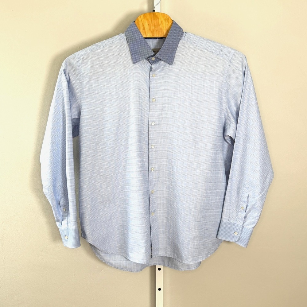 ETRO‎ Luxury Dress Shirt 46 Blue Textured Micro-Check Contrast Spread Collar - Picture 2 of 12